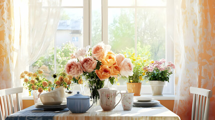 Sunlight streams into a cozy room with a window full of flowers and a table set for tea.  Soft pastel colors and fresh blooms create a cheerful atmosphere