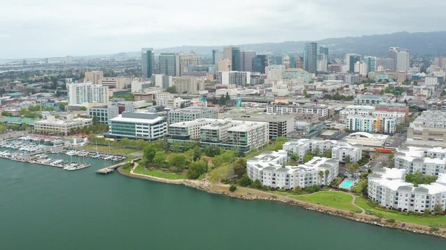Aerial view of urban Oakland California downtown, buildings, residence, homes 18
