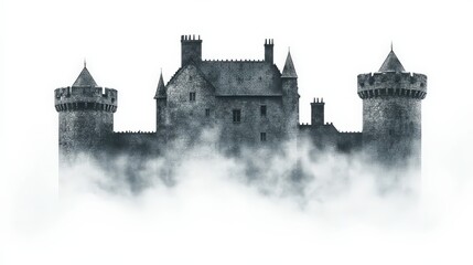 Naklejka premium Majestic Castle Surrounded by Mystical Fog on a Gloomy Day