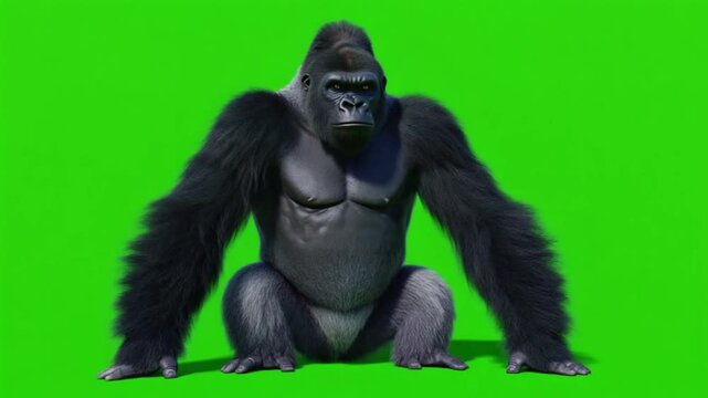 A gorilla with black fur standing on all fours against a bright green background chroma key screen green screen video