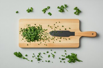 Freshly chopped herbs on a wooden cutting board surrounded by whole herbs in a bright kitchen setting