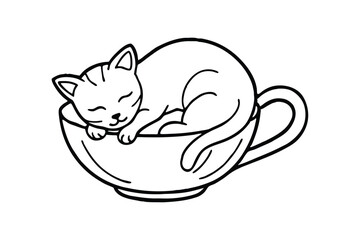 Line art drawing of a cat curled up sleeping in a teacup.eps
