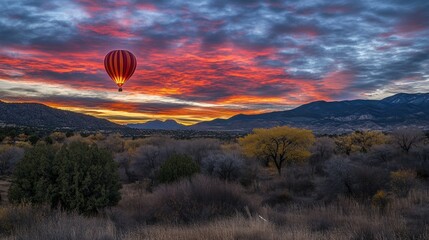 Obraz premium Hot air balloon over scenic mountain landscape at sunrise