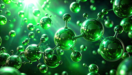 Abstract depiction of green hydrogen atoms, floating in a deep green light, metallic texture