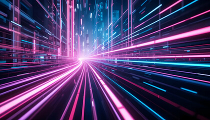 Obraz premium Abstract Futuristic Cityscape Neon Lights Speed Through Digital Highway