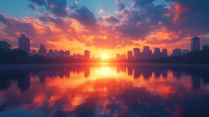 Fototapeta premium A surreal cityscape reflected in a still, glassy lake under a sky filled with unusual atmospheric phenomena.