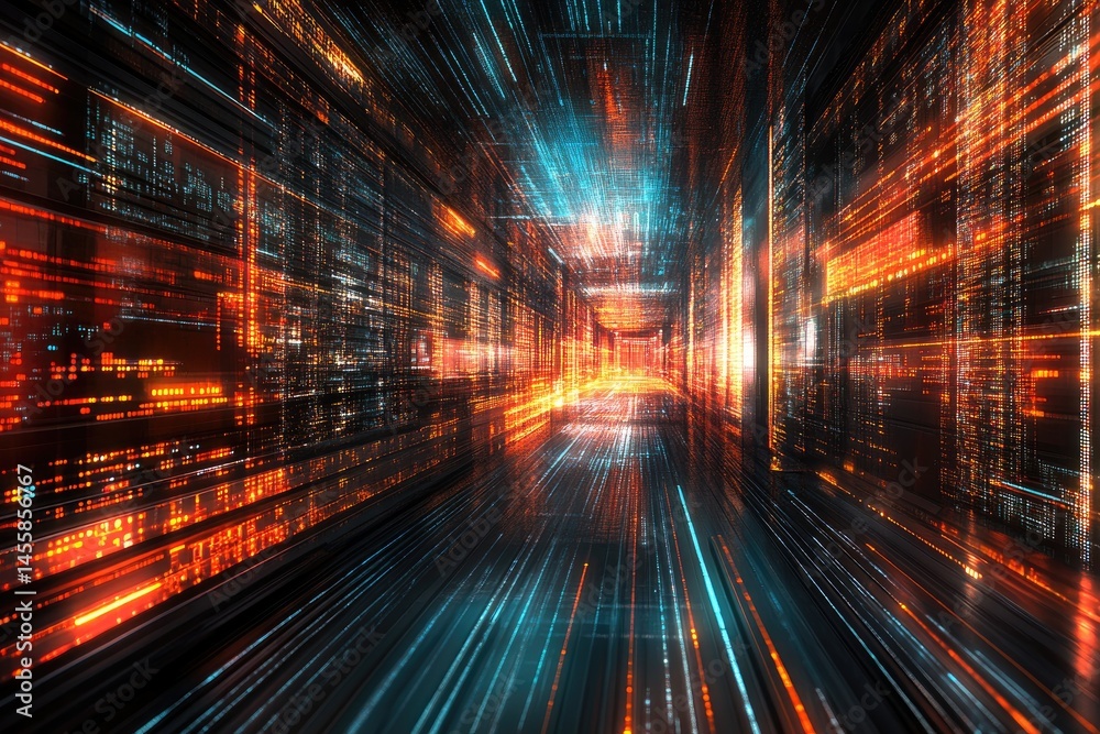 Poster digital tunnel, vibrant code, fast motion. data streams rush through a futuristic corridor, illumina