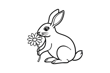 Line art drawing of a rabbit holding a daisy flower.eps