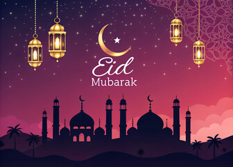 Golden Eid Mubarak with Reflective Lanterns