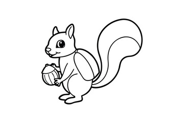 Line art drawing of a squirrel with a tiny backpack and acorn.eps