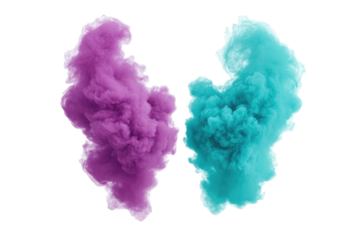 Two vibrant, abstract swirls of smoke, one purple, one teal