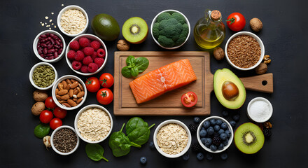 Naklejka premium Close up of various high protein foods including chicken, eggs, fish, beans, and tofu , Healthy, nutrition, diet, protein, source