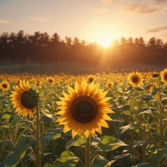Obraz premium Golden sunflower, vibrant meadow, sunset glow, photography, bloom, plant