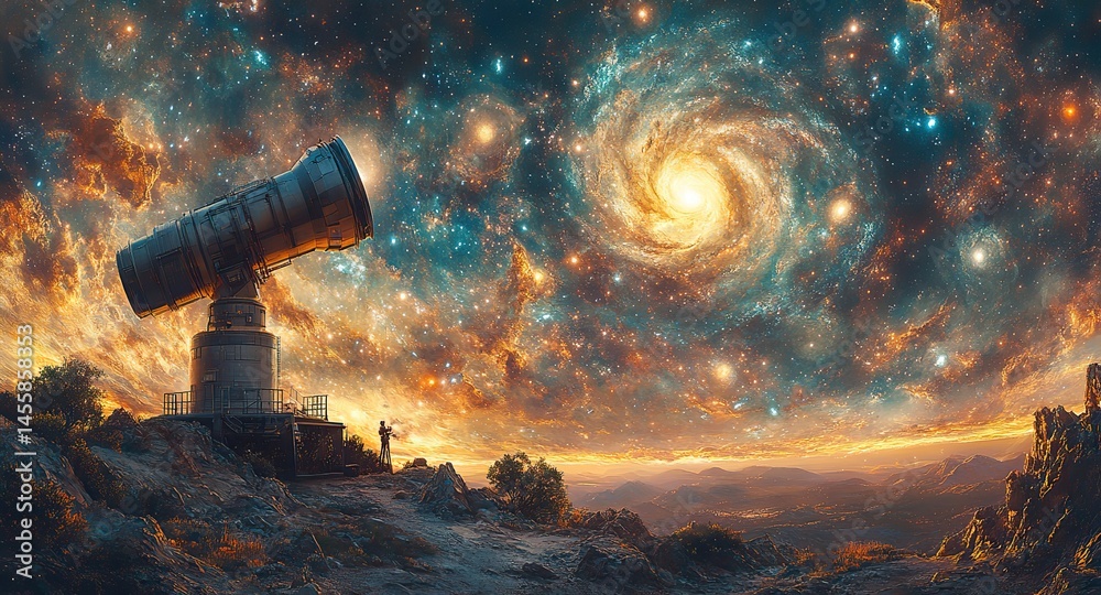 Wall mural a surreal image of a giant telescope pointed towards a sky filled with swirling galaxies and distant
