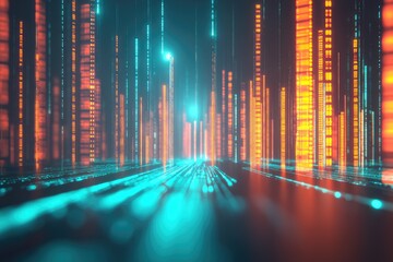 Abstract digital cityscape, glowing vertical lines of data in turquoise and orange.  Detailed, futuristic, and dynamic