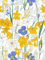 Vibrant floral pattern featuring a variety of flowers in bright colors on a white background