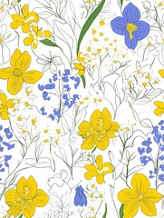 Colorful floral pattern featuring yellow and blue flowers on a white background