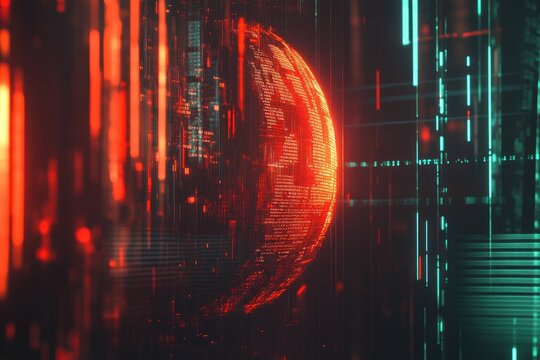Digital globe, surrounded by glowing lines of code, in a dark, futuristic environment.  High-tech, energetic, and abstract depiction