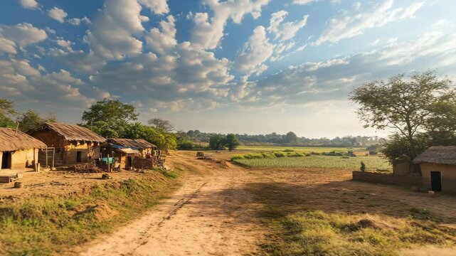 A scenic view of a rural village with traditional mud houses surrounded by open fields under a vibrant evening sky. The natural lighting and peaceful atmosphere reflect the simplicity and charm 