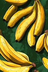 Vibrant yellow bananas displayed on a green background showcasing their natural beauty and freshness