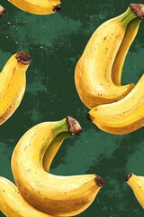 Bright yellow bananas on a dark green background create a vibrant pattern for design inspiration or decoration in various settings