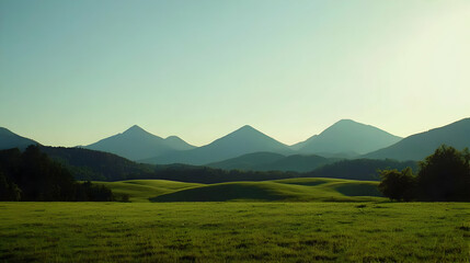 Naklejka premium Lush green valley stretching to a mountain range under a pale sky