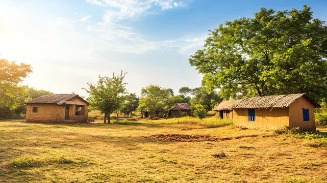 A scenic view of a rural village with traditional mud houses surrounded by open fields under a vibrant evening sky. The natural lighting and peaceful atmosphere reflect the simplicity and charm 