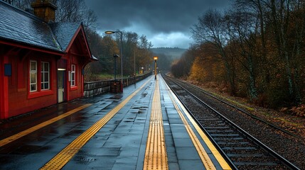 Fototapeta premium Rainy day at a rural train station, awaiting the next train on the tracks.