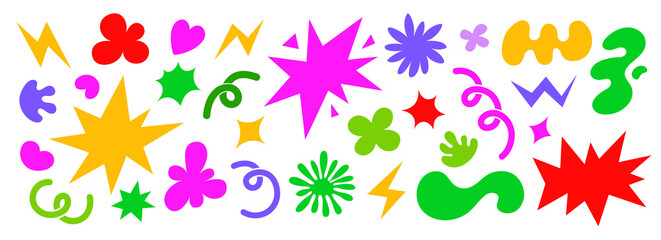Abstract colorful shapes illustrations set. Retro cartoon style. Groovy funky clouds, flowers and bubbles shapes. Stars, loops and waves lements collection