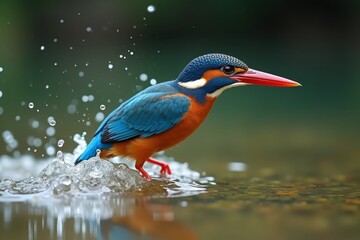 Obraz premium close-up of a vibrant kingfisher diving into a clear river, water splashing, iridescent blue and orange feathers