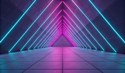 Obraz premium Abstract Neon Triangle Corridor Pink and Blue Glowing Lines Digital Art Background