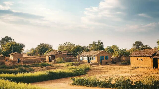 A warm, sunlit view of a rural village with traditional mud houses surrounded by greenery and trees, capturing the peaceful and rustic charm of countryside life. The scene evokes simplicity, tradition