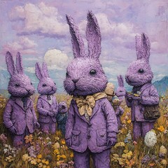 Purple rabbits in dapper suits gather in a vibrant field under a colorful sky at sunset