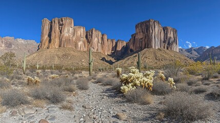 Desert landscape with towering buttes and cacti.  Arid path winds through the scrubby vegetation