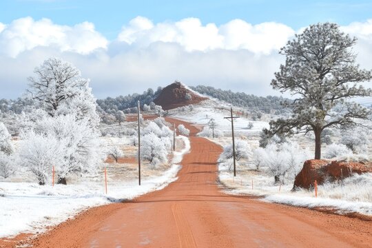 Frosted winter landscape. Winding dirt road leads to a hill, dotted with frosted trees and snow-covered ground