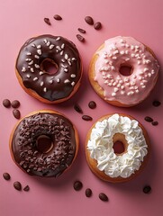 Delicious assortment of donuts arranged beautifully on a pink background with coffee beans scattered around