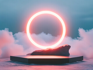 Generated Ai, A hyper-minimalist logo presentation scene with a soft matte black background and centered pastel coral pink light glow