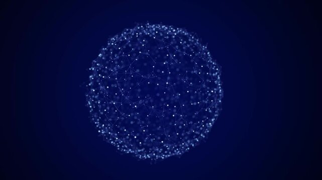 Futuristic sphere made of particles on blue background. Flow of atoms in cyberspace. Space energy concept. 3D rendering.