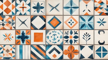 Colorful patterned tiles in a grid.  Abstract floral and geometric designs in shades of orange, blue, and cream