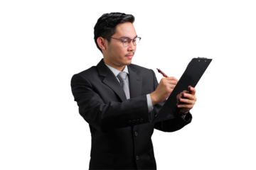 Handsome Asian businessman in suit writing on clipboard with pen, isolated on transparent background