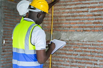 Two engineers measuring and inspecting electrical conduit installation on a brick wall at a construction site. Quality assurance and infrastructure development process.