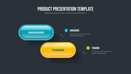 Fototapeta premium Consulting Innovation Two Step Diagram Slide Template. Service Performance Presentation Design Vector Illustration. Project Profile 2 Option Infographic Slideshow Layout.