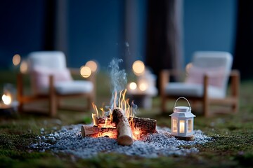 Cozy fireside outdoor scene with rustic chairs and lantern at twilight