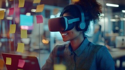 Woman engrossed in virtual reality experience within a modern office environment.