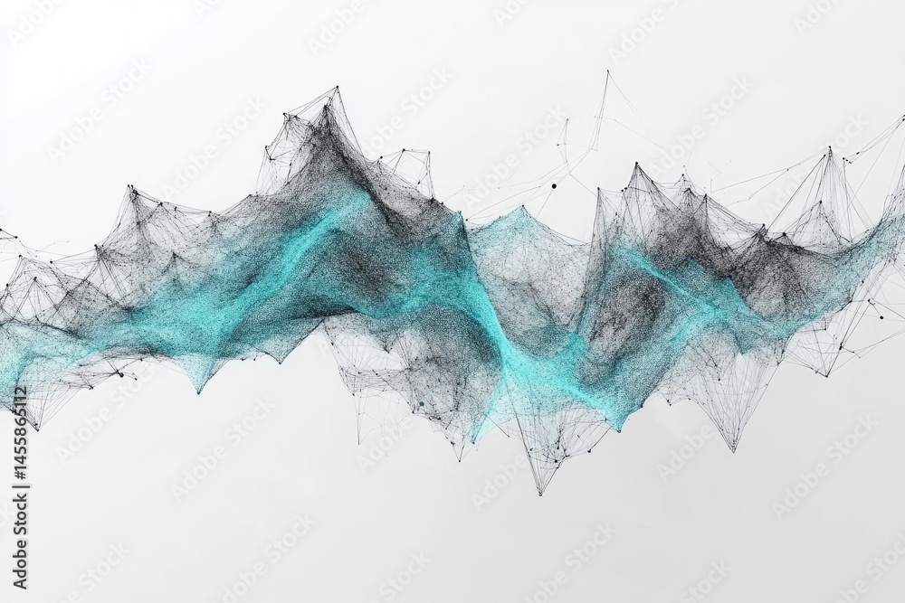 Poster abstract network graphic, showing a dynamic wave-like pattern of interconnected points and lines. da