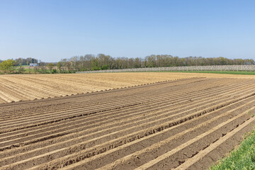Ploughed field and an blossoming orchard on a hill above the Meuse Valley near Maastricht