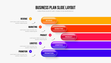 Fototapeta premium Creative Overview 5 Element Diagram Frame Design. Project Portfolio Five Step Infographic Slideshow Layout. Sales Growth Presentation Template Vector Illustration.