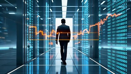 Businessman Walking in Digital Data Center with Stock Analytics Overlay - Powered by Adobe