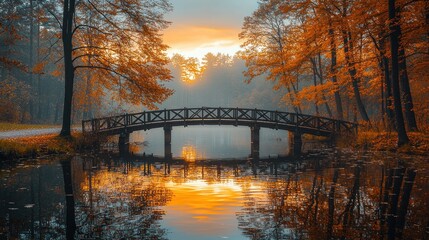 Fototapeta premium Autumnal Wooden Bridge over a Calm Pond