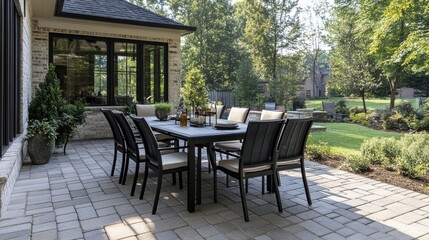 Obraz premium Outdoor dining set with black metal table and chairs on brick patio